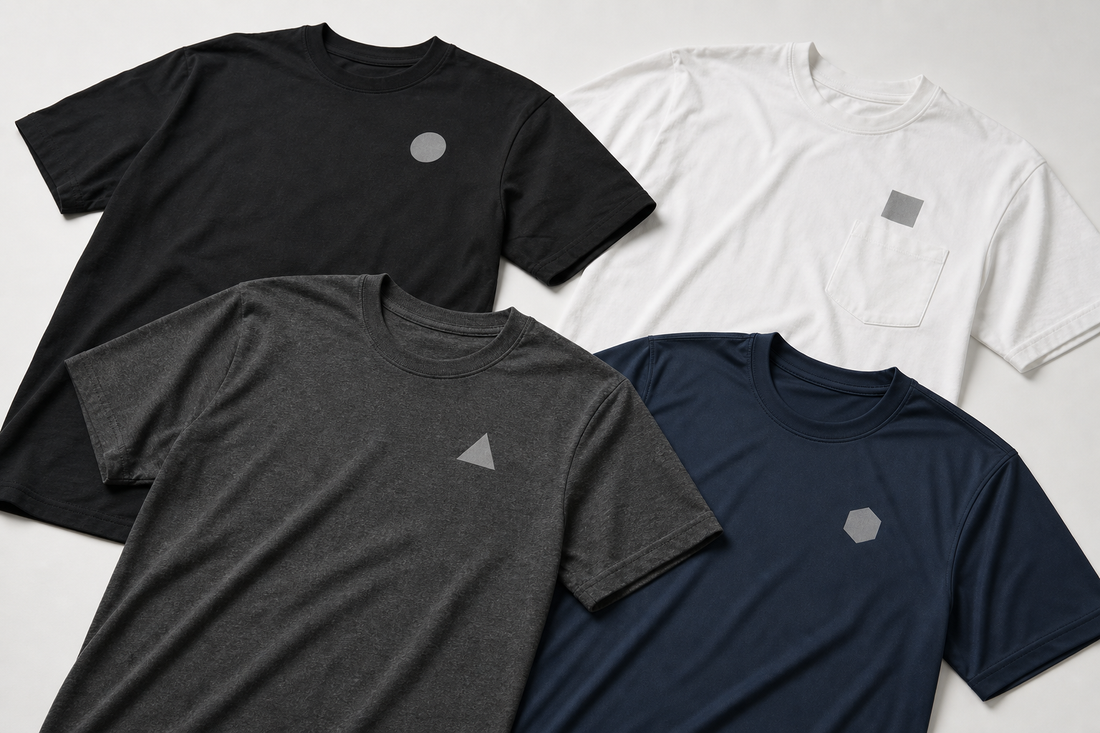 Several custom logo t-shirts in different styles and fabric weights laid flat on a studio surface.