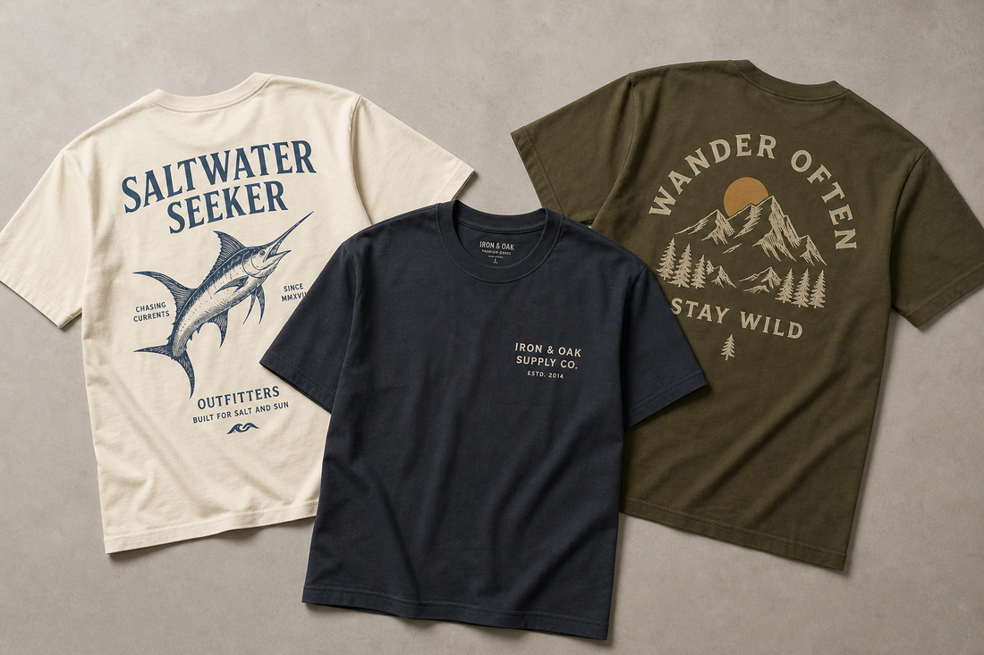 Three graphic t-shirts laid flat showing clean layouts, restrained colors, and sharp printed artwork