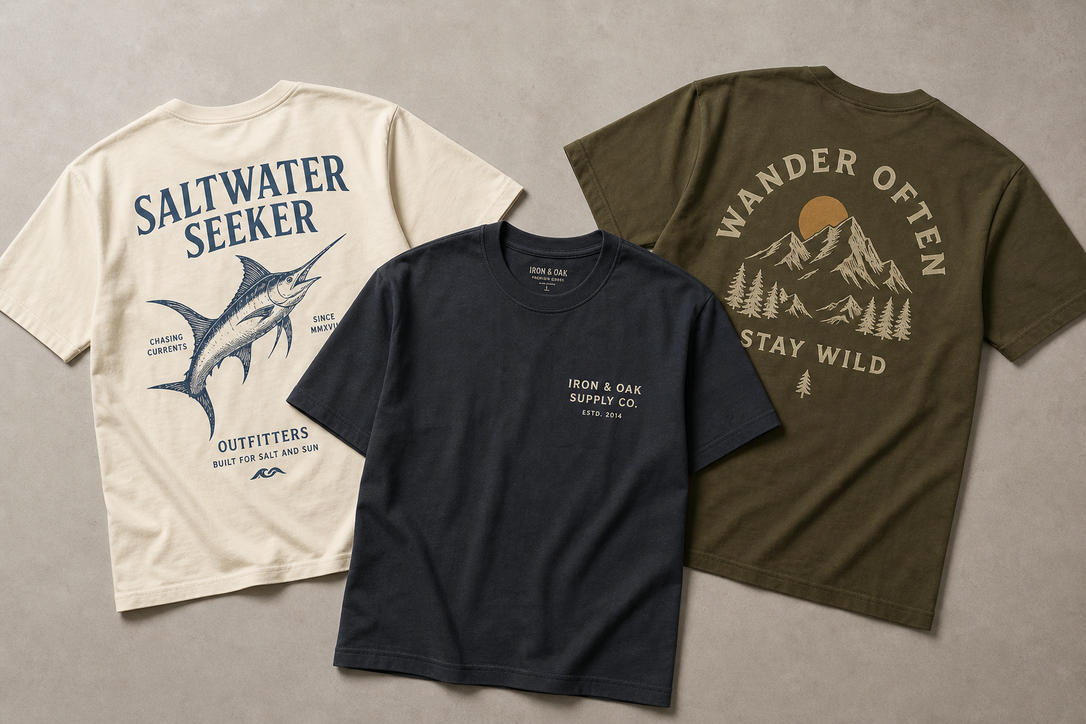 Three graphic t-shirts laid flat showing clean layouts, restrained colors, and sharp printed artwork
