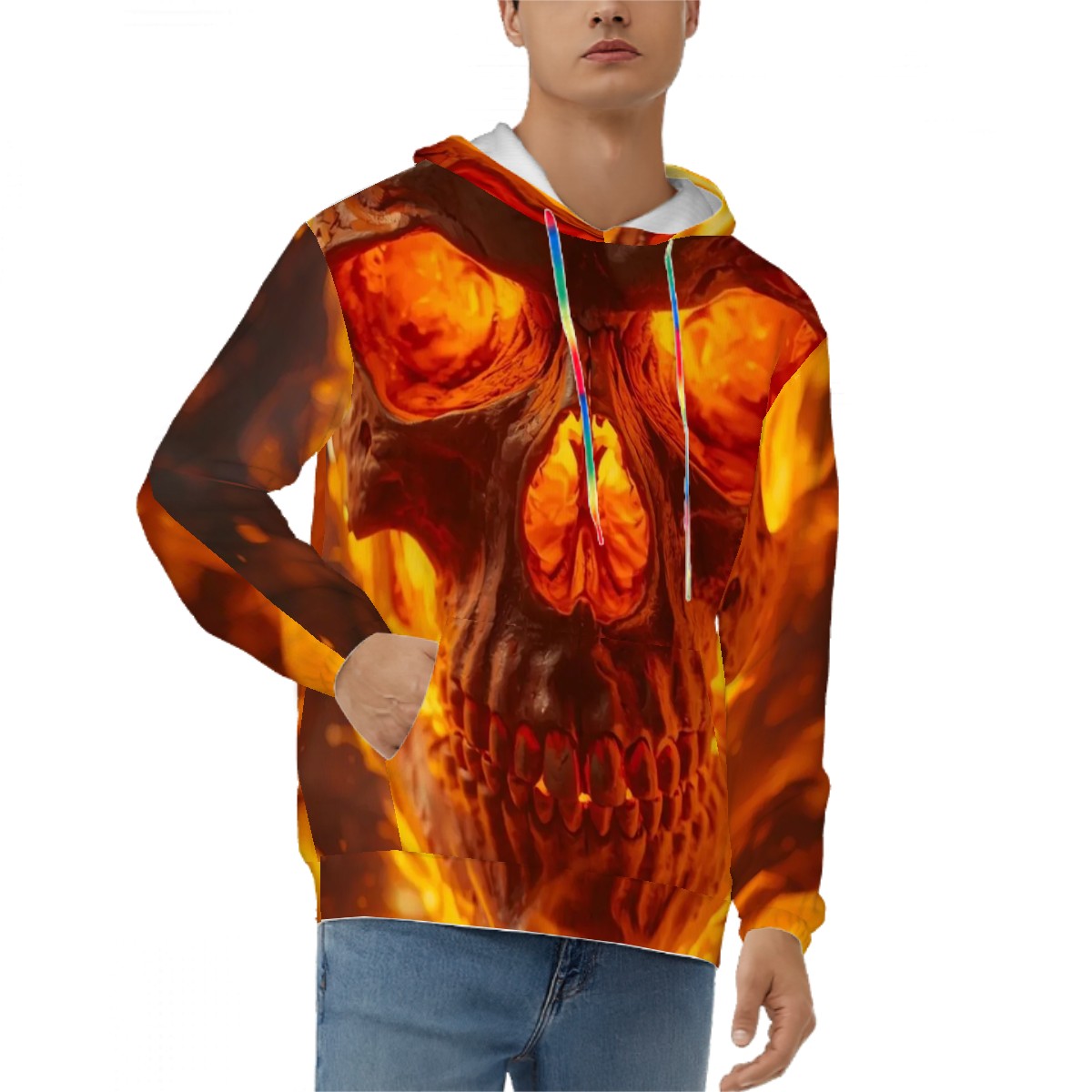 Hoodie for Men Pocket Sweatshirt Customized Services a flaming skull head
