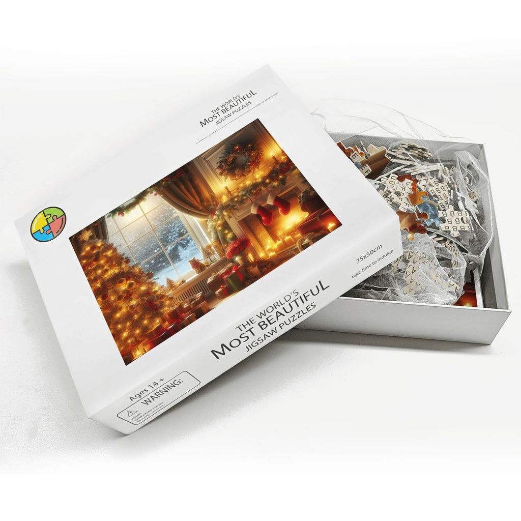 Wooden Jigsaw Puzzles 1000 pcs (Horizontal) A cozy living room decorated for Christmas, with a glowing fireplace casting warm light across the r (3)