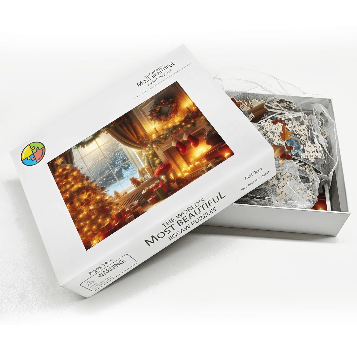 Wooden Jigsaw Puzzles 1000 pcs (Horizontal) A cozy living room decorated for Christmas, with a glowing fireplace casting warm light across the r (3)