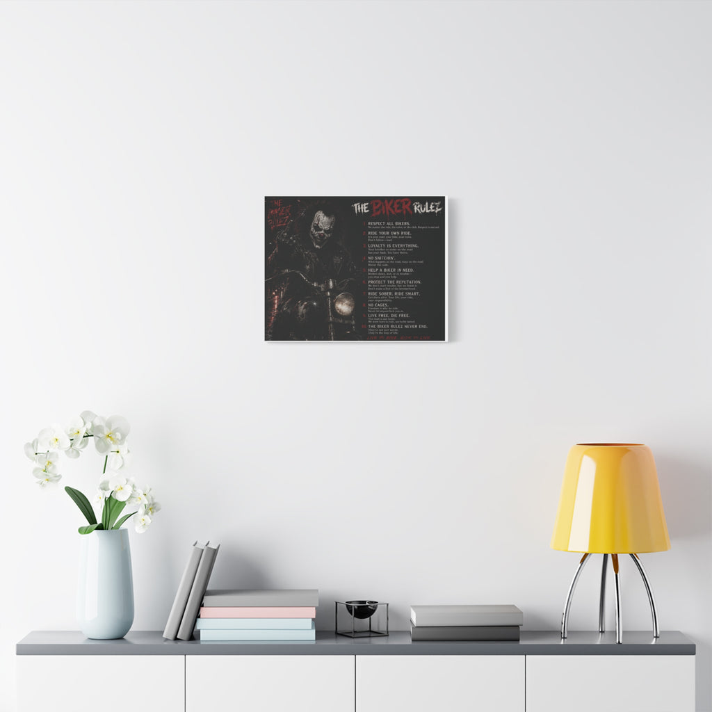 The Biker Rulez Matte Canvas Print — Gothic Motorcycle Wall Art with Rules Text