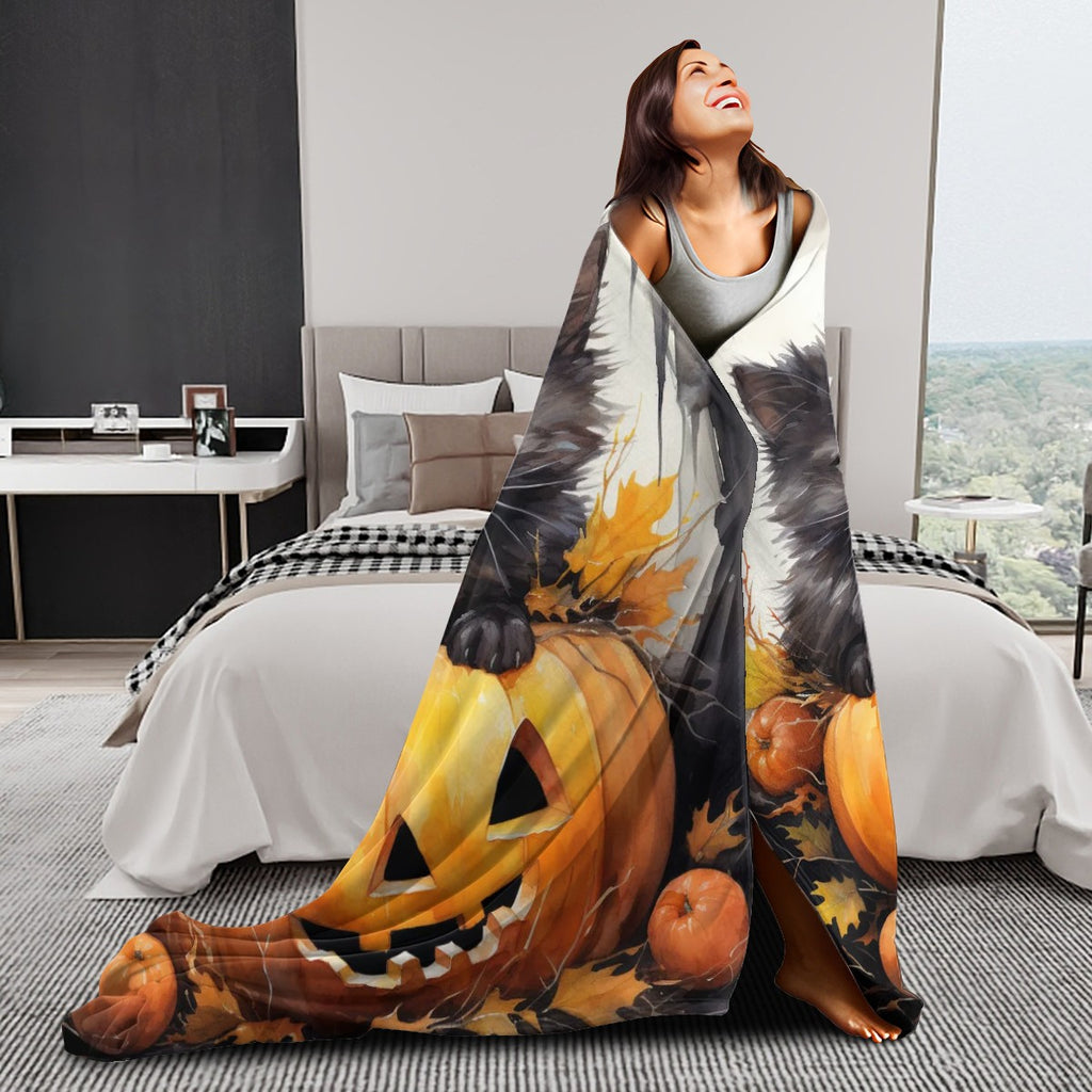 280 GSM MultiSize Flannel Throw Blanket (Vertical) black cat halloween