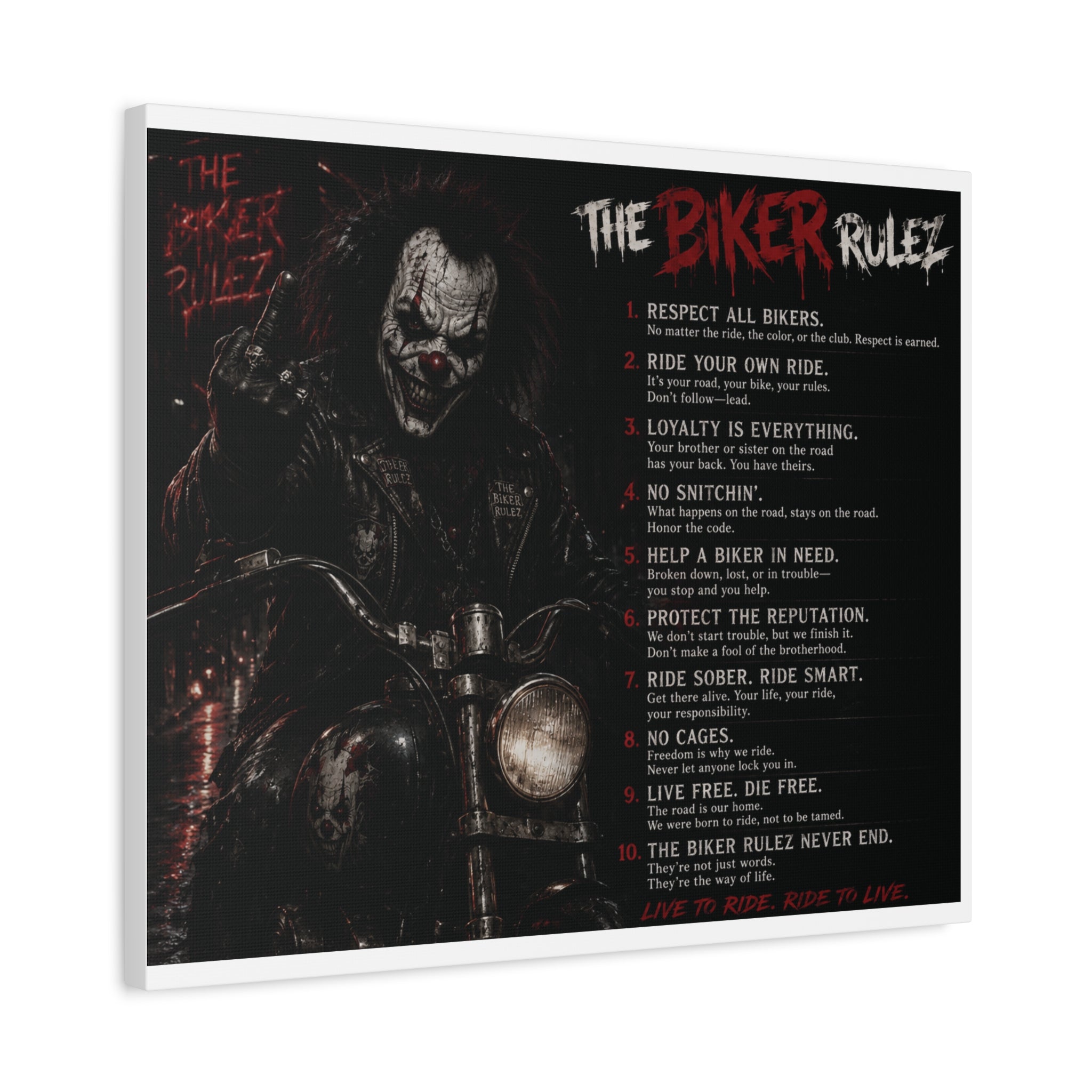 The Biker Rulez Matte Canvas Print — Gothic Motorcycle Wall Art with Rules Text