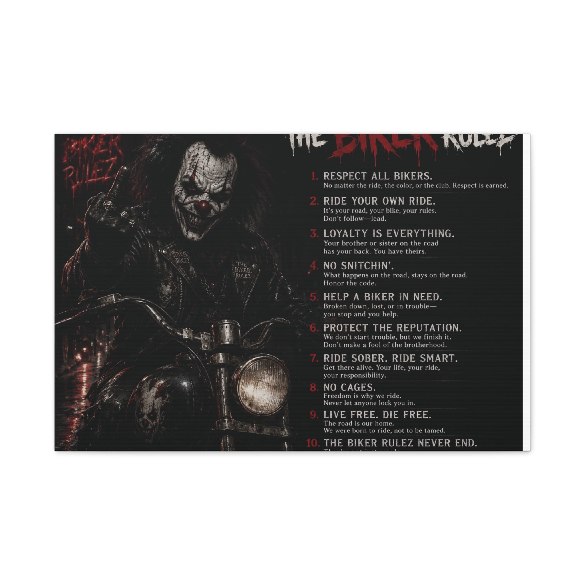 The Biker Rulez Matte Canvas Print — Gothic Motorcycle Wall Art with Rules Text