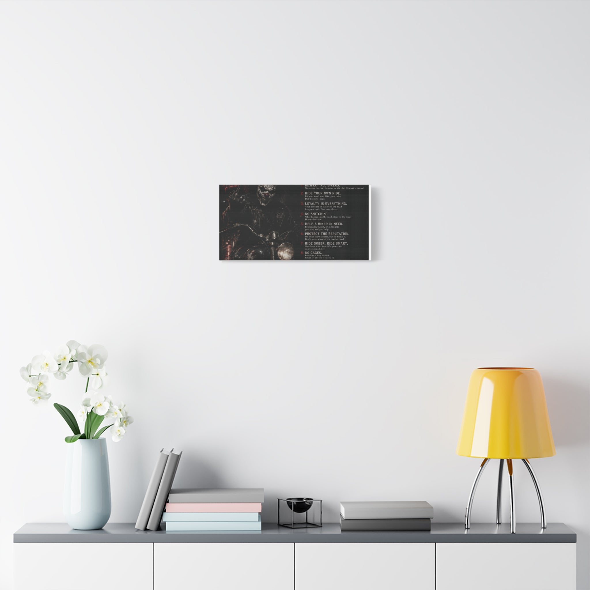 The Biker Rulez Matte Canvas Print — Gothic Motorcycle Wall Art with Rules Text