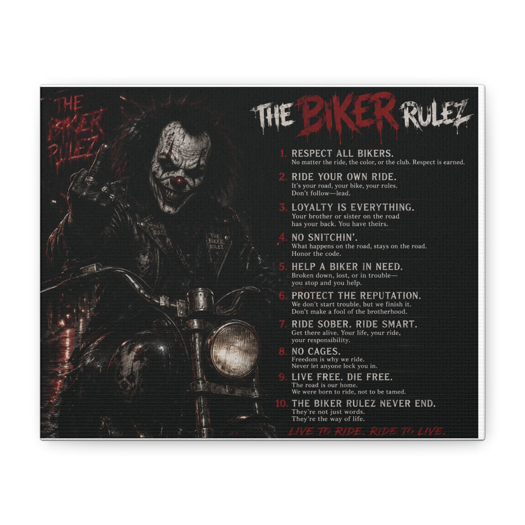 The Biker Rulez Matte Canvas Print — Gothic Motorcycle Wall Art with Rules Text