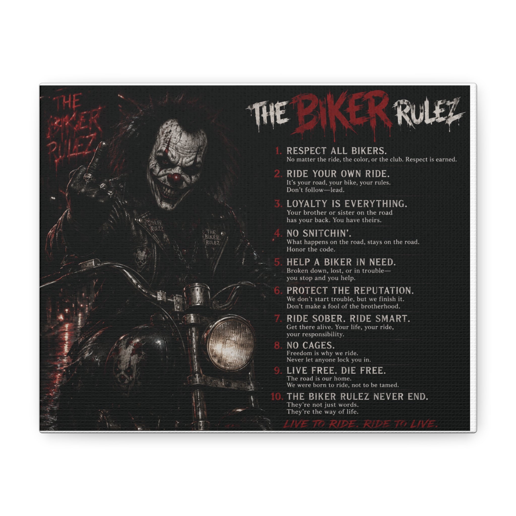 The Biker Rulez Matte Canvas Print — Gothic Motorcycle Wall Art with Rules Text