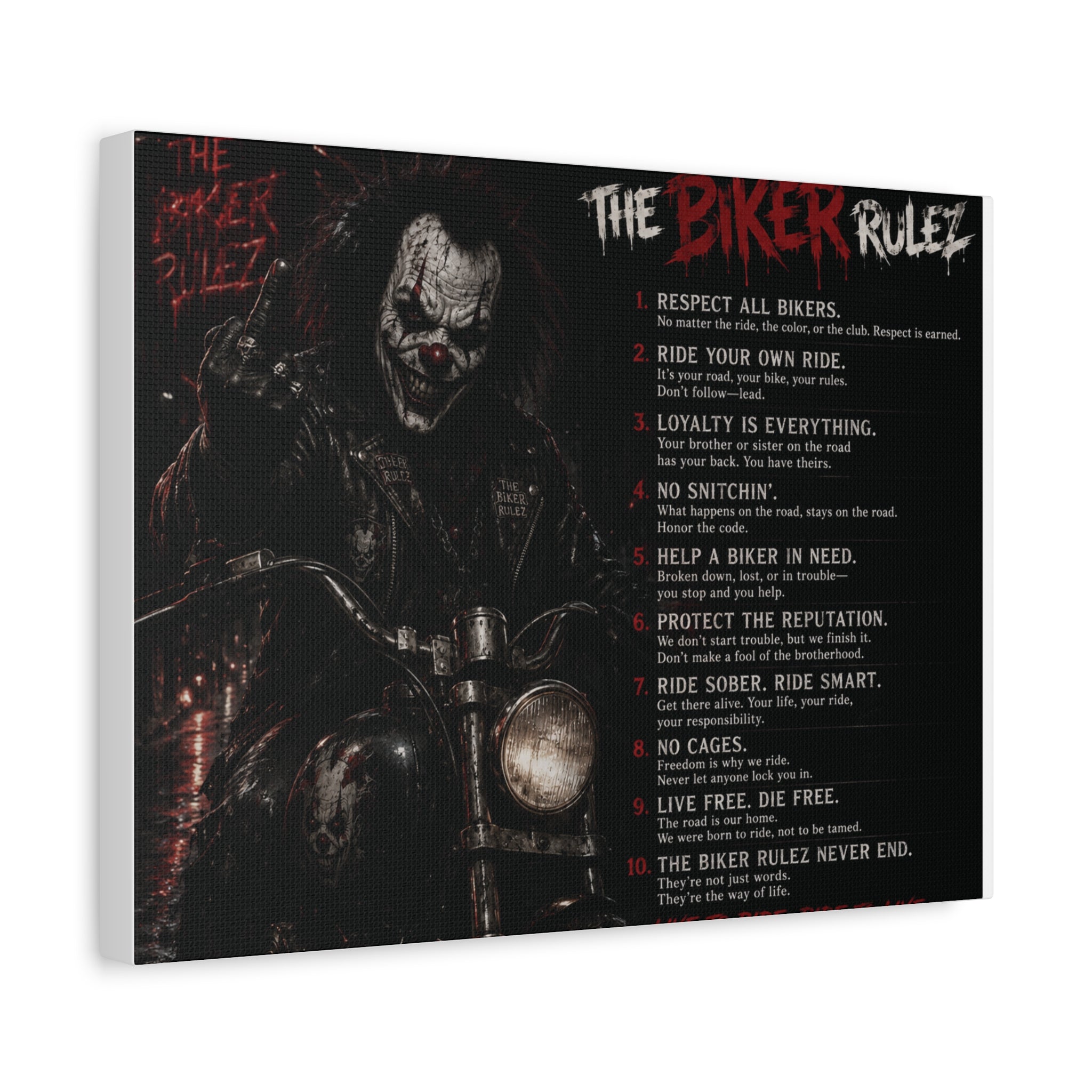 The Biker Rulez Matte Canvas Print — Gothic Motorcycle Wall Art with Rules Text