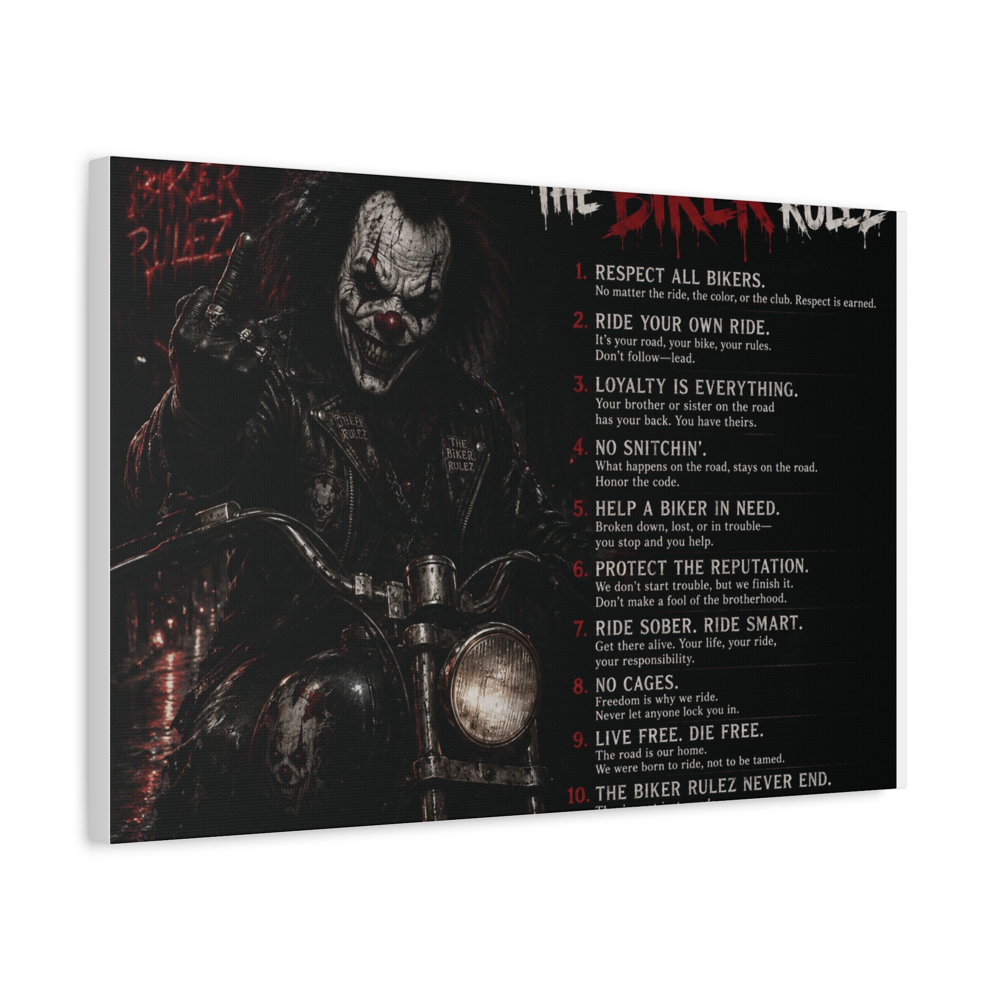 The Biker Rulez Matte Canvas Print — Gothic Motorcycle Wall Art with Rules Text