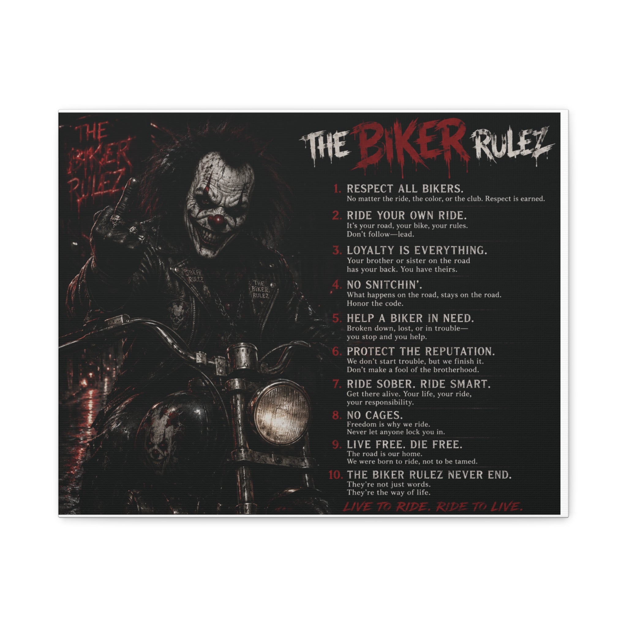 The Biker Rulez Matte Canvas Print — Gothic Motorcycle Wall Art with Rules Text
