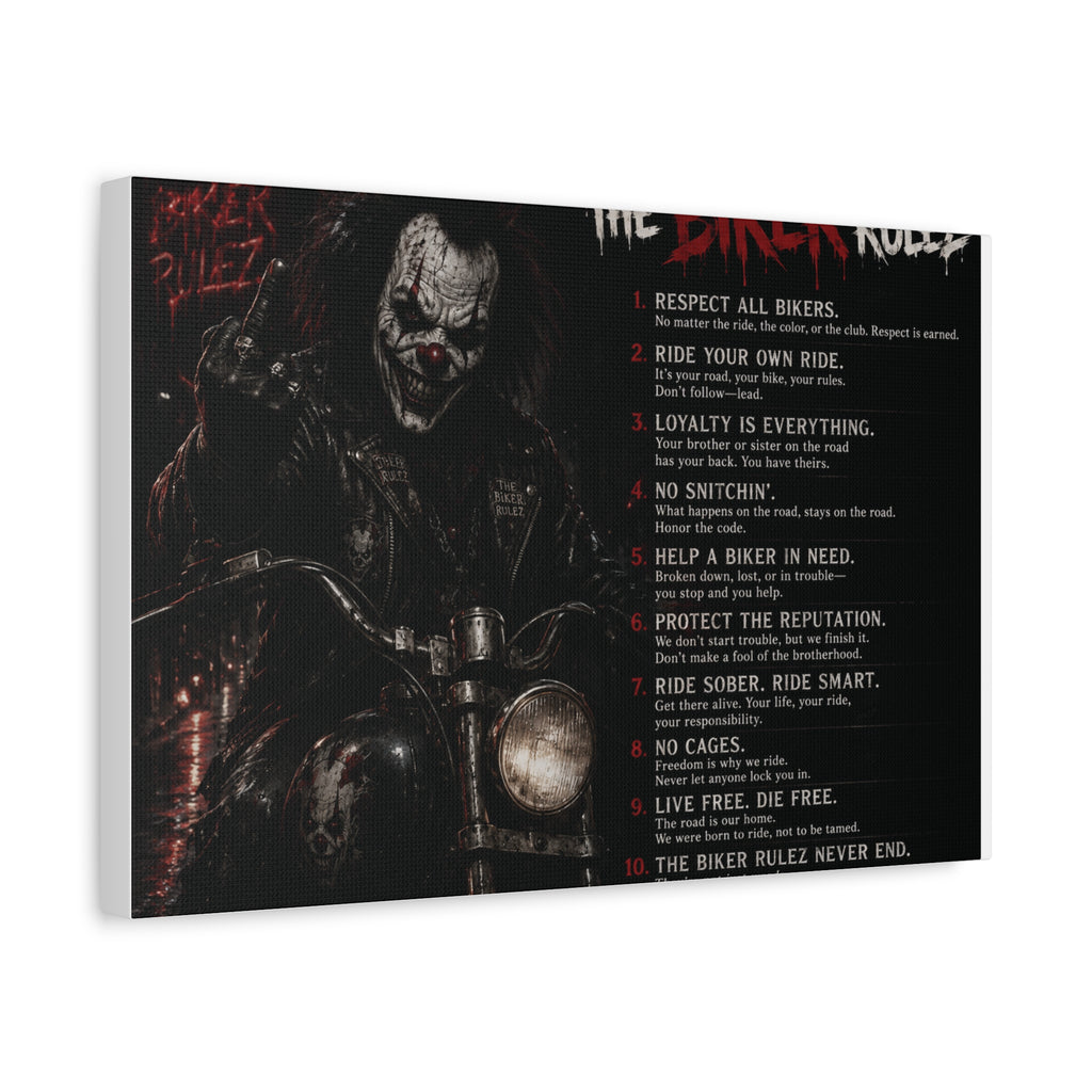 The Biker Rulez Matte Canvas Print — Gothic Motorcycle Wall Art with Rules Text