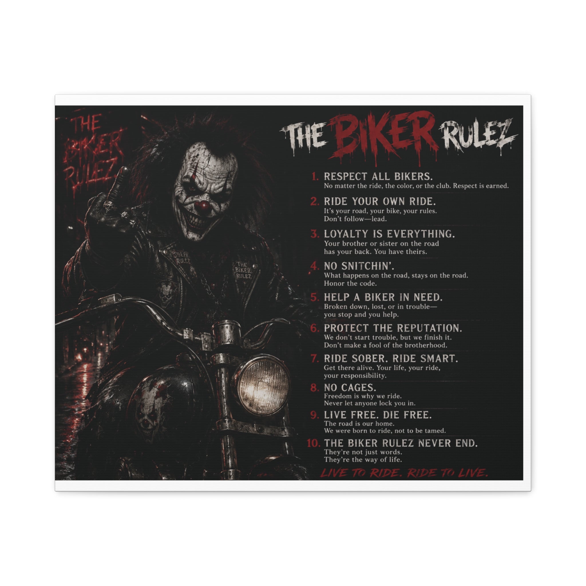 The Biker Rulez Matte Canvas Print — Gothic Motorcycle Wall Art with Rules Text