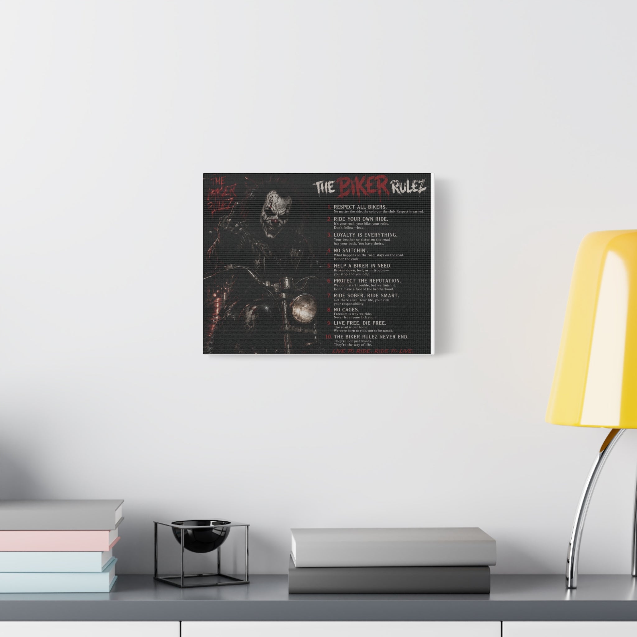 The Biker Rulez Matte Canvas Print — Gothic Motorcycle Wall Art with Rules Text
