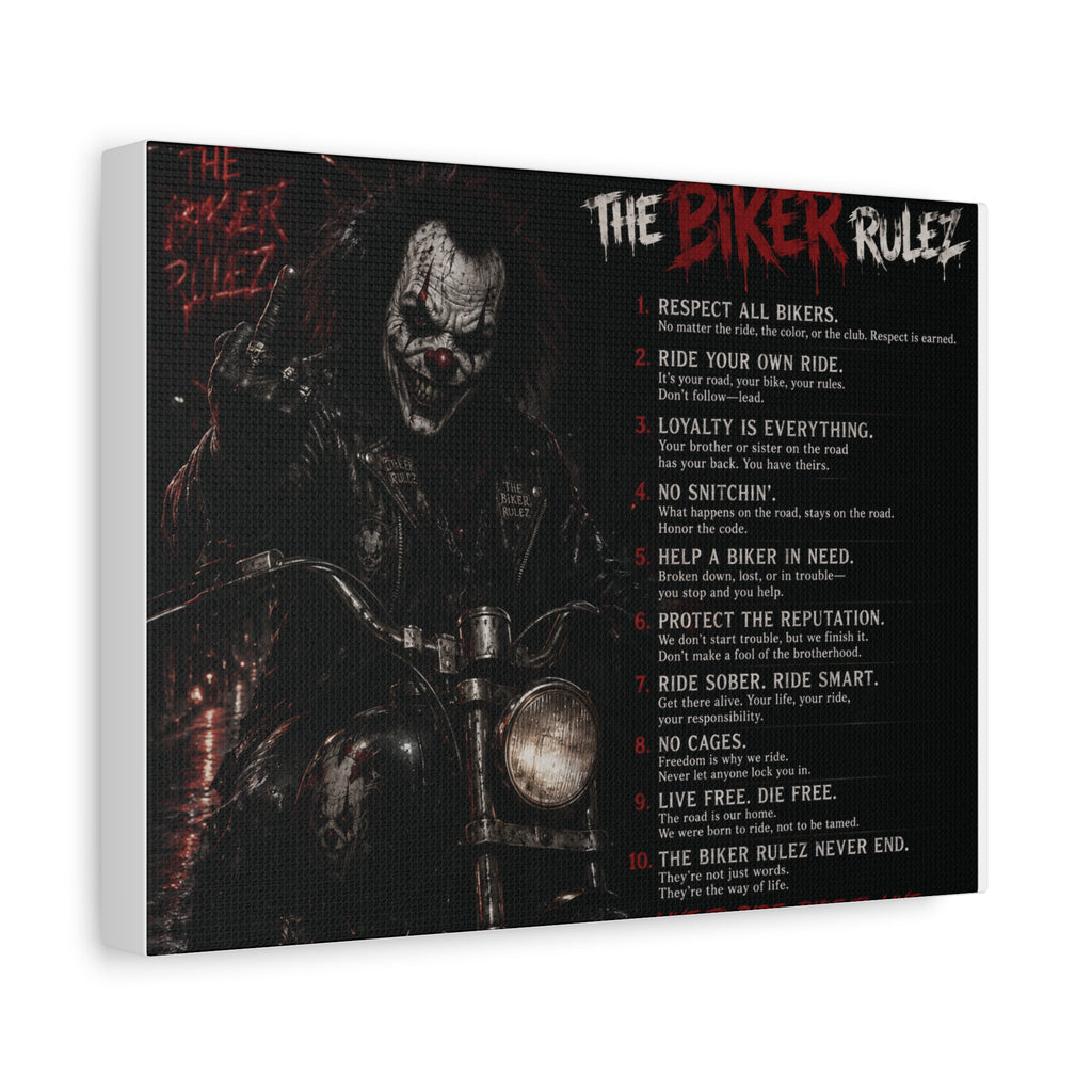 The Biker Rulez Matte Canvas Print — Gothic Motorcycle Wall Art with Rules Text