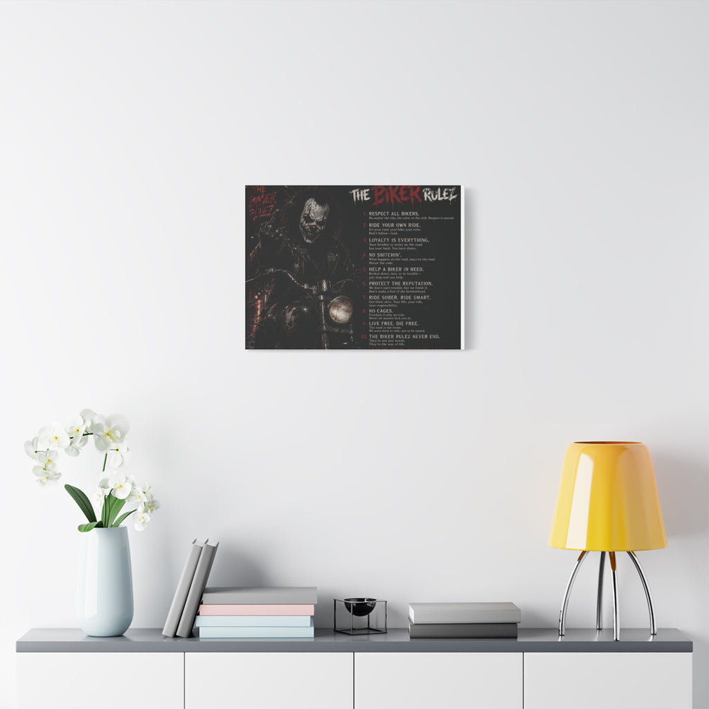 The Biker Rulez Matte Canvas Print — Gothic Motorcycle Wall Art with Rules Text