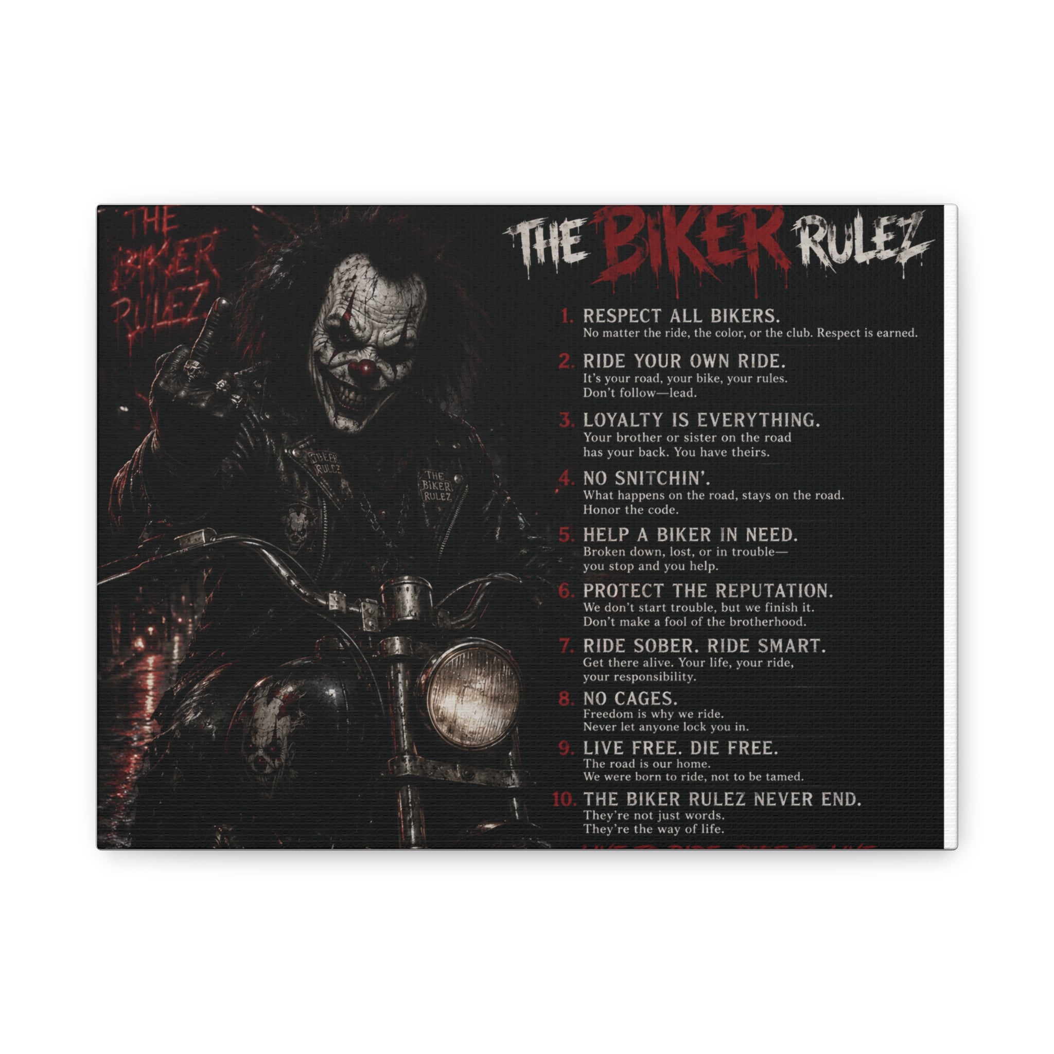 The Biker Rulez Matte Canvas Print — Gothic Motorcycle Wall Art with Rules Text