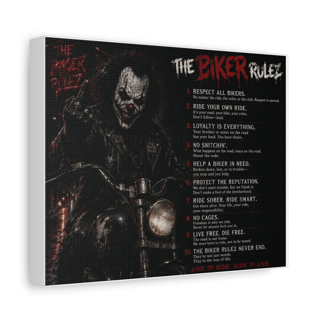 The Biker Rulez Matte Canvas Print — Gothic Motorcycle Wall Art with Rules Text
