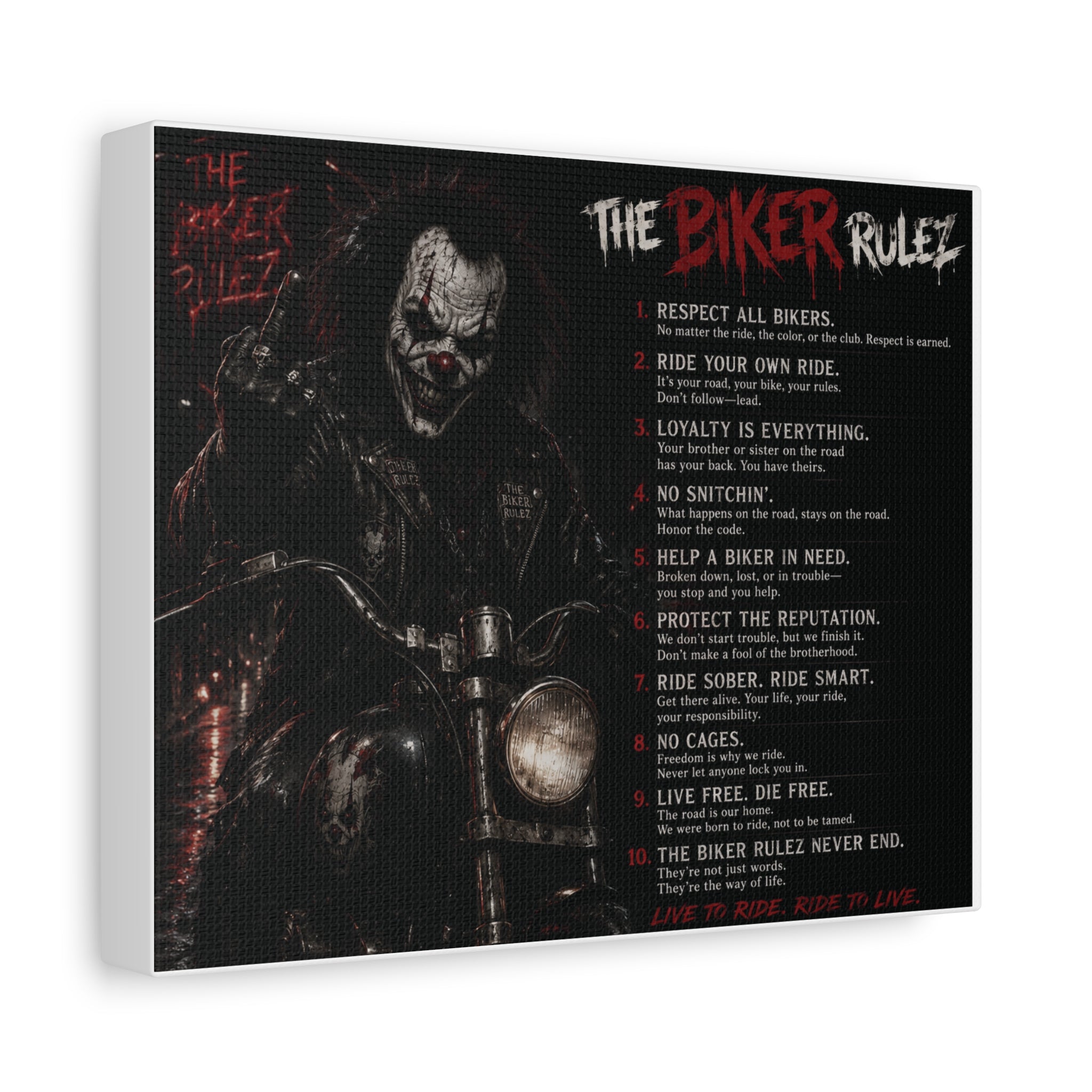 The Biker Rulez Matte Canvas Print — Gothic Motorcycle Wall Art with Rules Text