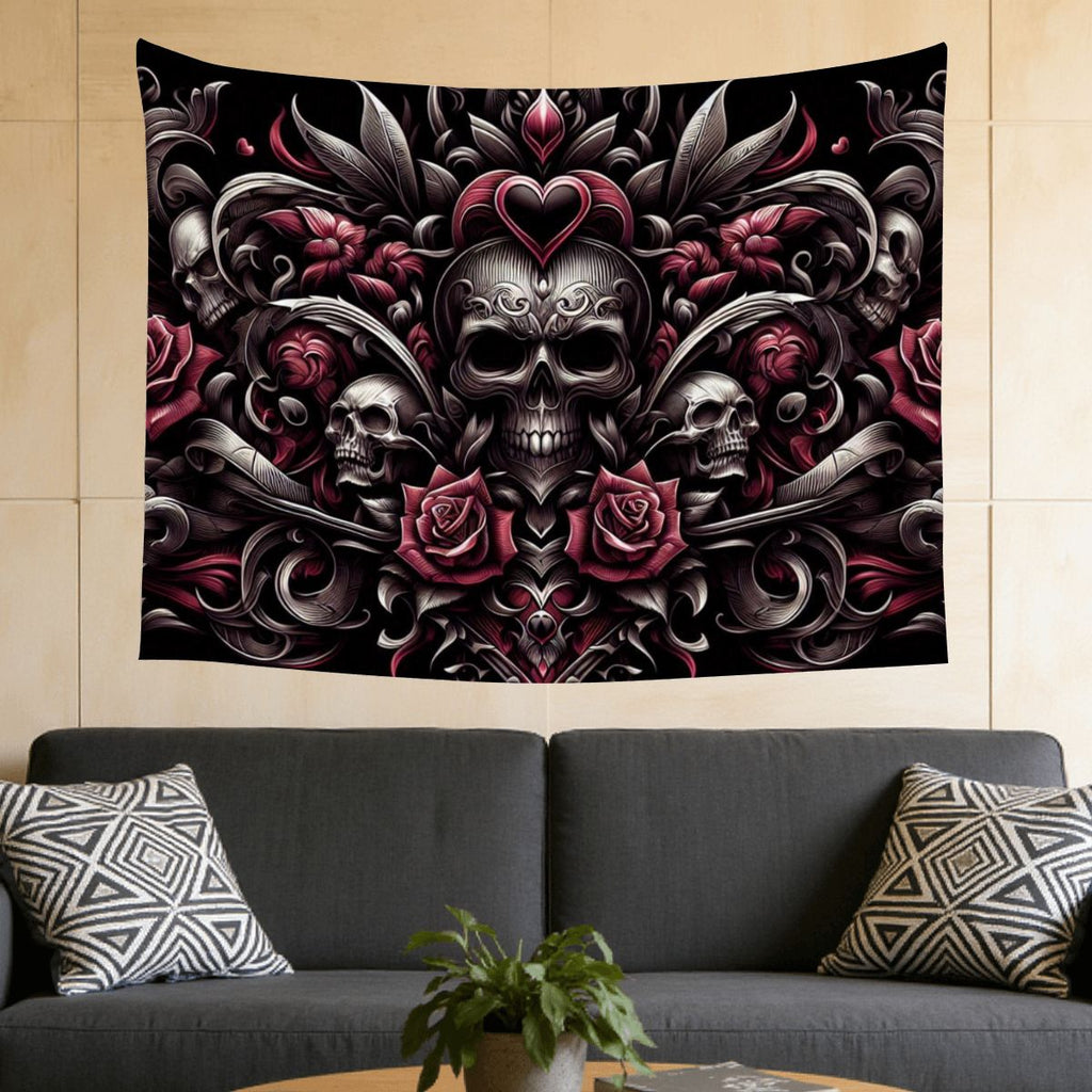 Small Horizontal Lightweight Wall Tapestry for Bedroom gothic image with hearts an skulls and roses in tribals (3)