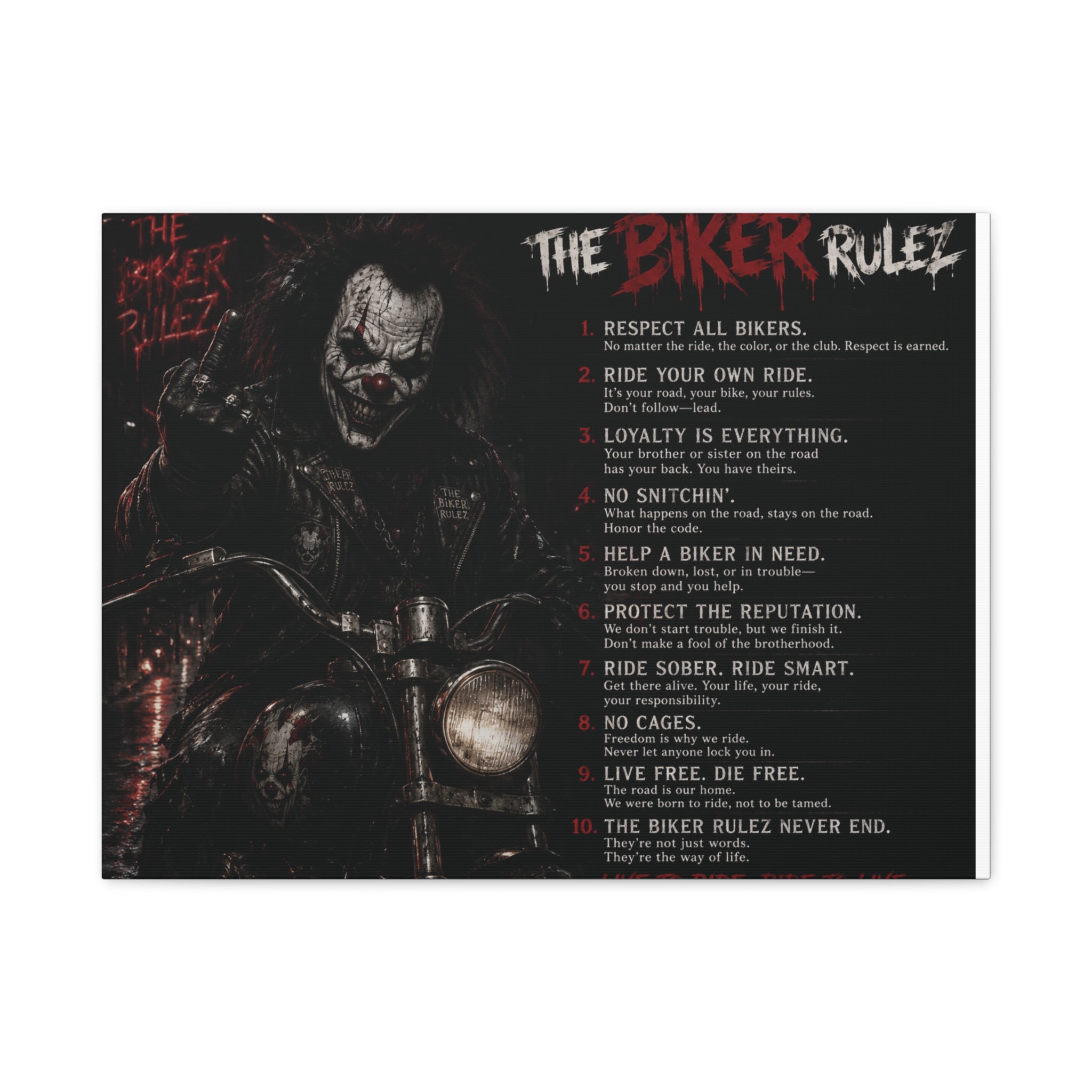 The Biker Rulez Matte Canvas Print — Gothic Motorcycle Wall Art with Rules Text