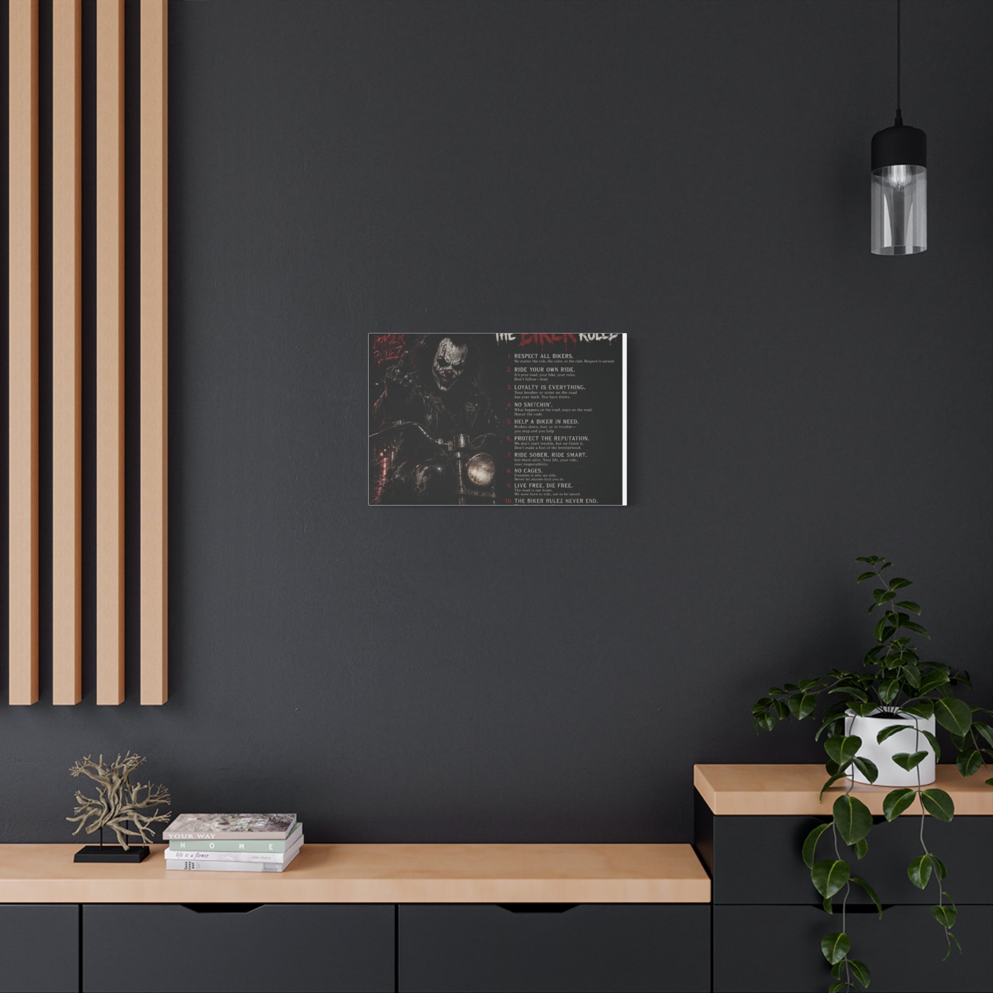 The Biker Rulez Matte Canvas Print — Gothic Motorcycle Wall Art with Rules Text