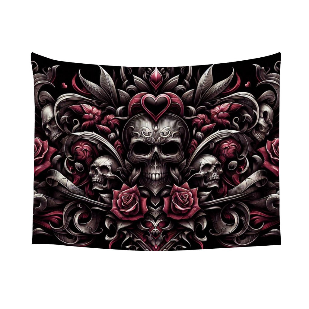 Small Horizontal Lightweight Wall Tapestry for Bedroom gothic image with hearts an skulls and roses in tribals (3)