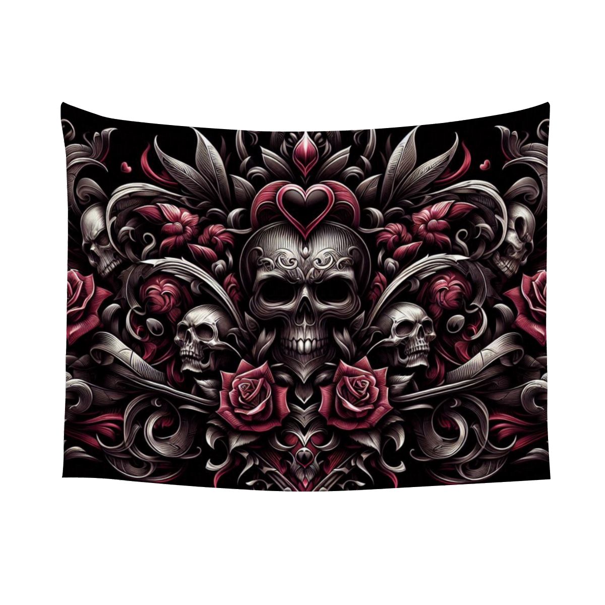 Small Horizontal Lightweight Wall Tapestry for Bedroom gothic image with hearts an skulls and roses in tribals (3)