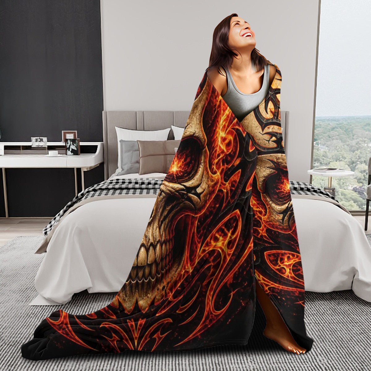 280 GSM MultiSize Flannel Throw Blanket (Vertical) A fiery skull with tribalinspired elements, flames surrounding the skull, bold tribal patterns