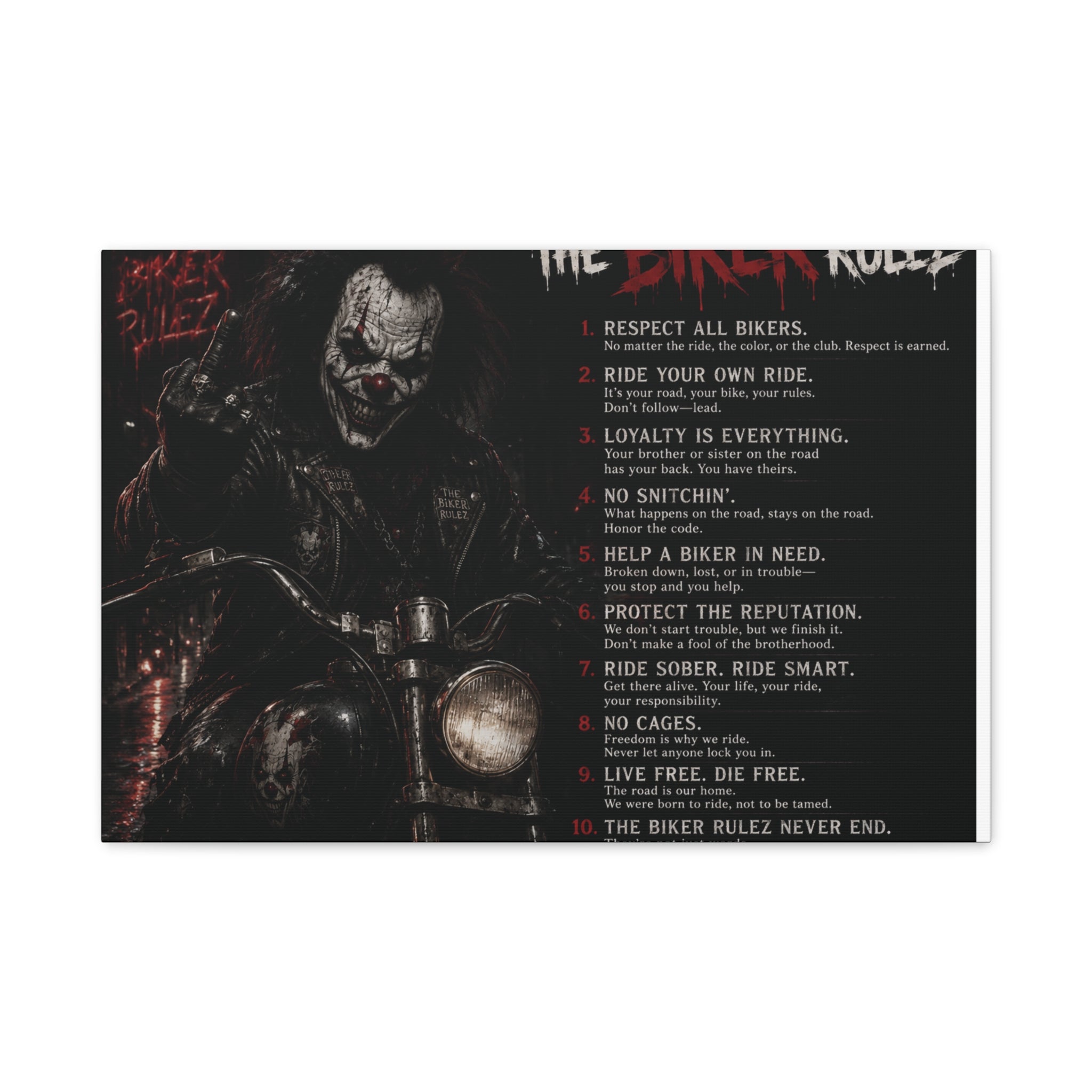 The Biker Rulez Matte Canvas Print — Gothic Motorcycle Wall Art with Rules Text