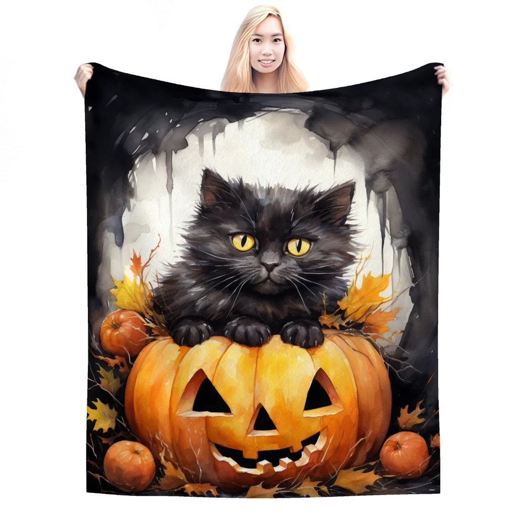 280 GSM MultiSize Flannel Throw Blanket (Vertical) black cat halloween