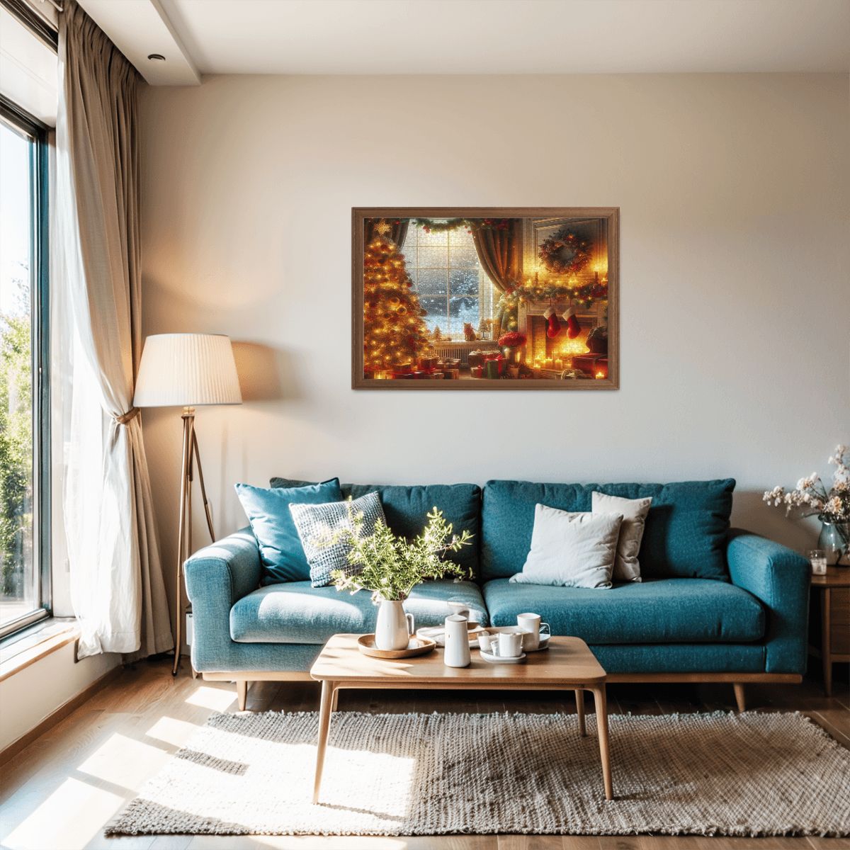 Wooden Jigsaw Puzzles 1000 pcs (Horizontal) A cozy living room decorated for Christmas, with a glowing fireplace casting warm light across the r (3)