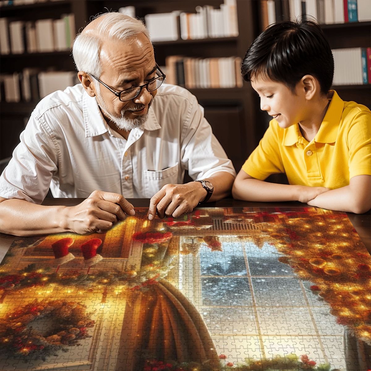 Wooden Jigsaw Puzzles 1000 pcs (Horizontal) A cozy living room decorated for Christmas, with a glowing fireplace casting warm light across the r (3)