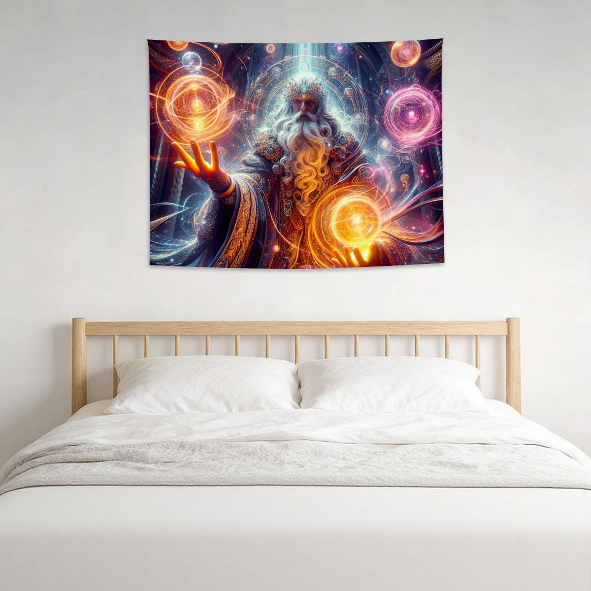 Small Horizontal Lightweight Wall Tapestry for Bedroom A hyperdetailed, raytraced scene depicting powerful wizards in the midst of casting intricate spel (2)edited1