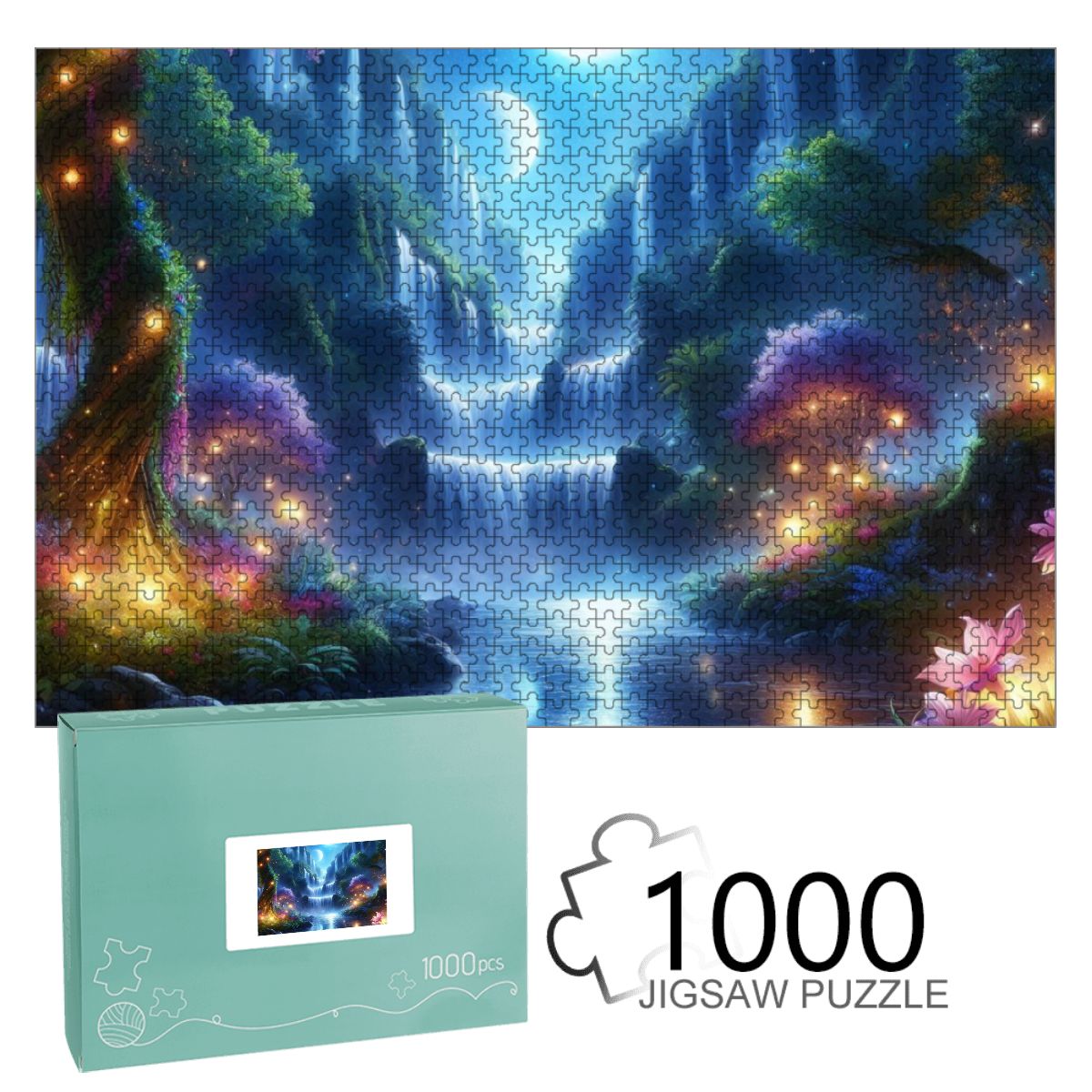 1000pcs Wooden Jigsaw Puzzles (Horizontal) (Made in USA) fantasy waterfalls with stars an moons  (2)