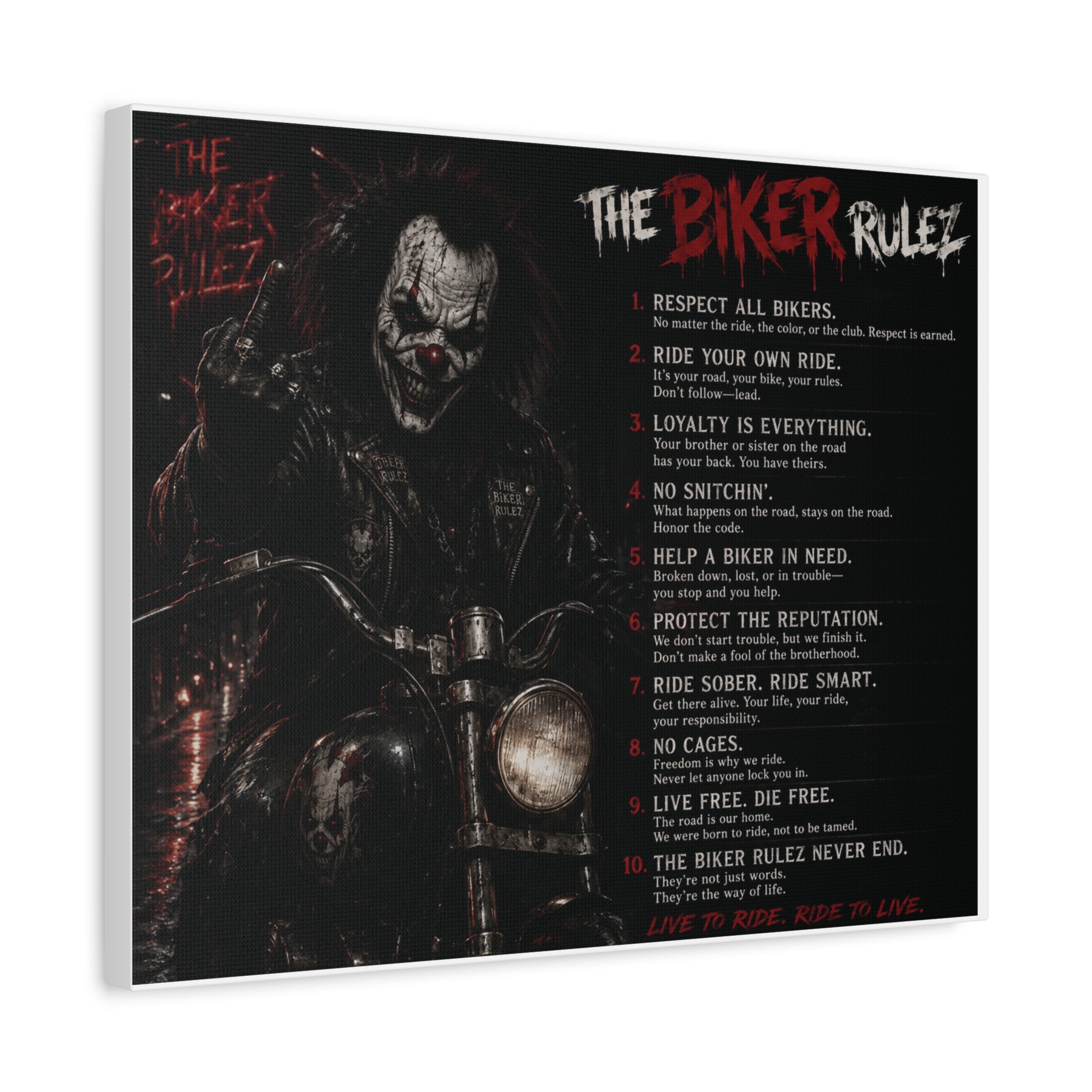 The Biker Rulez Matte Canvas Print — Gothic Motorcycle Wall Art with Rules Text