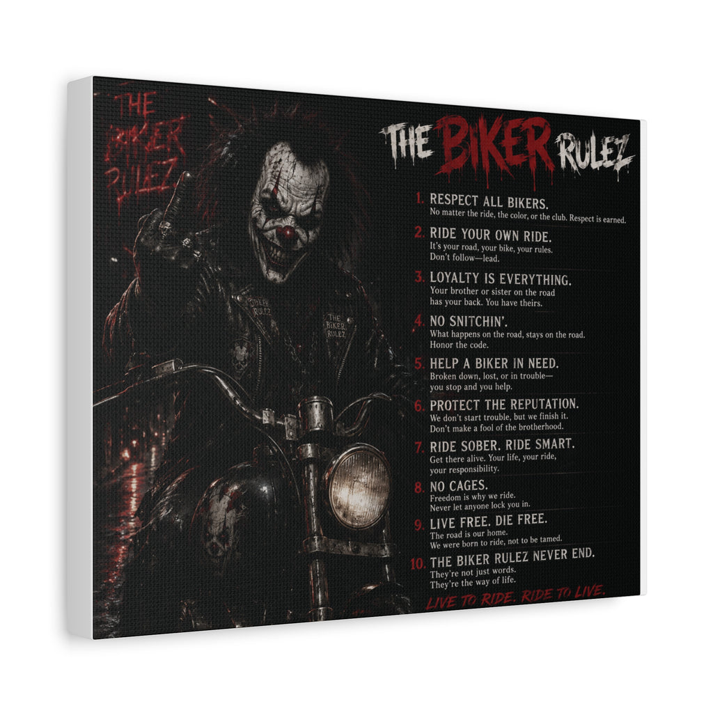 The Biker Rulez Matte Canvas Print — Gothic Motorcycle Wall Art with Rules Text