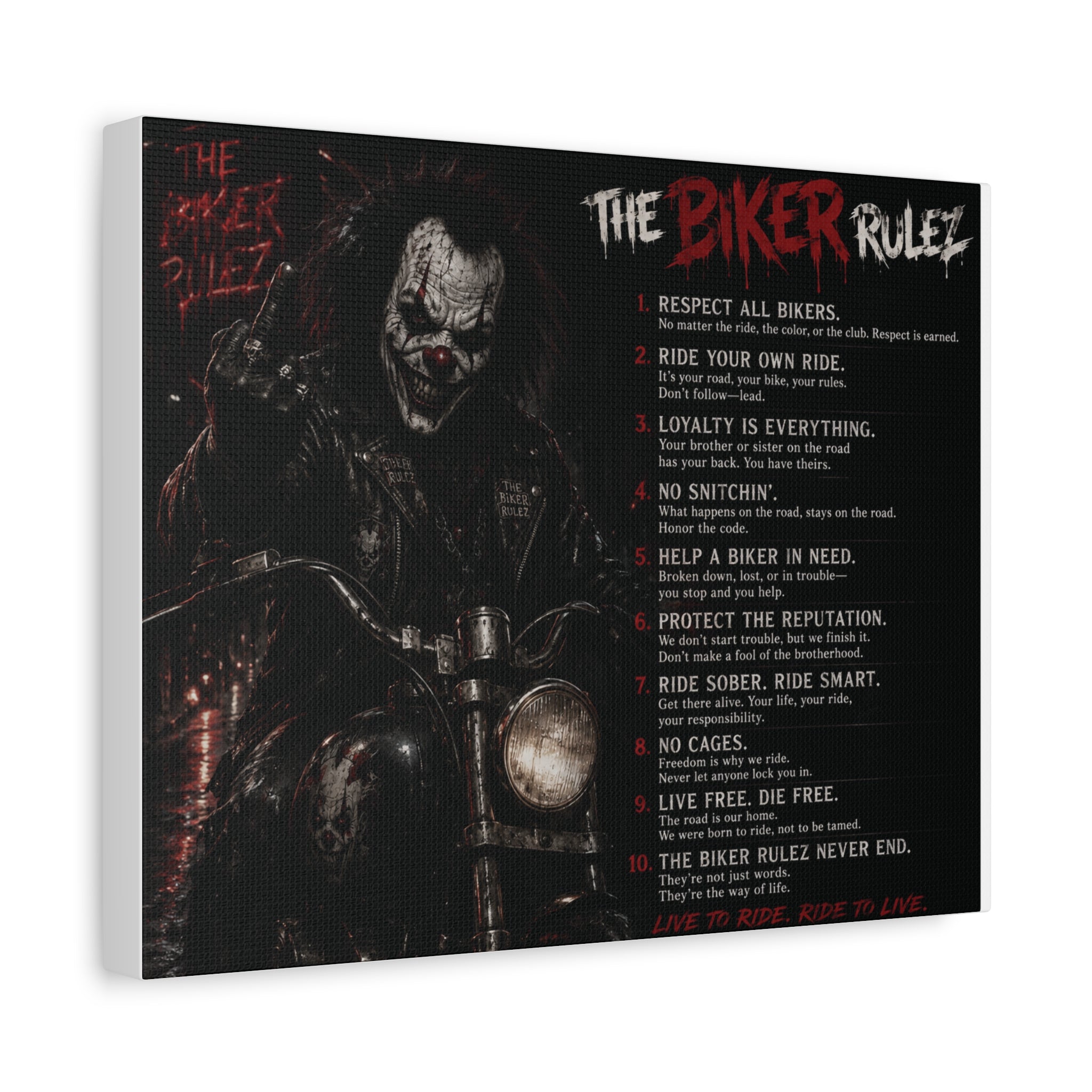 The Biker Rulez Matte Canvas Print — Gothic Motorcycle Wall Art with Rules Text