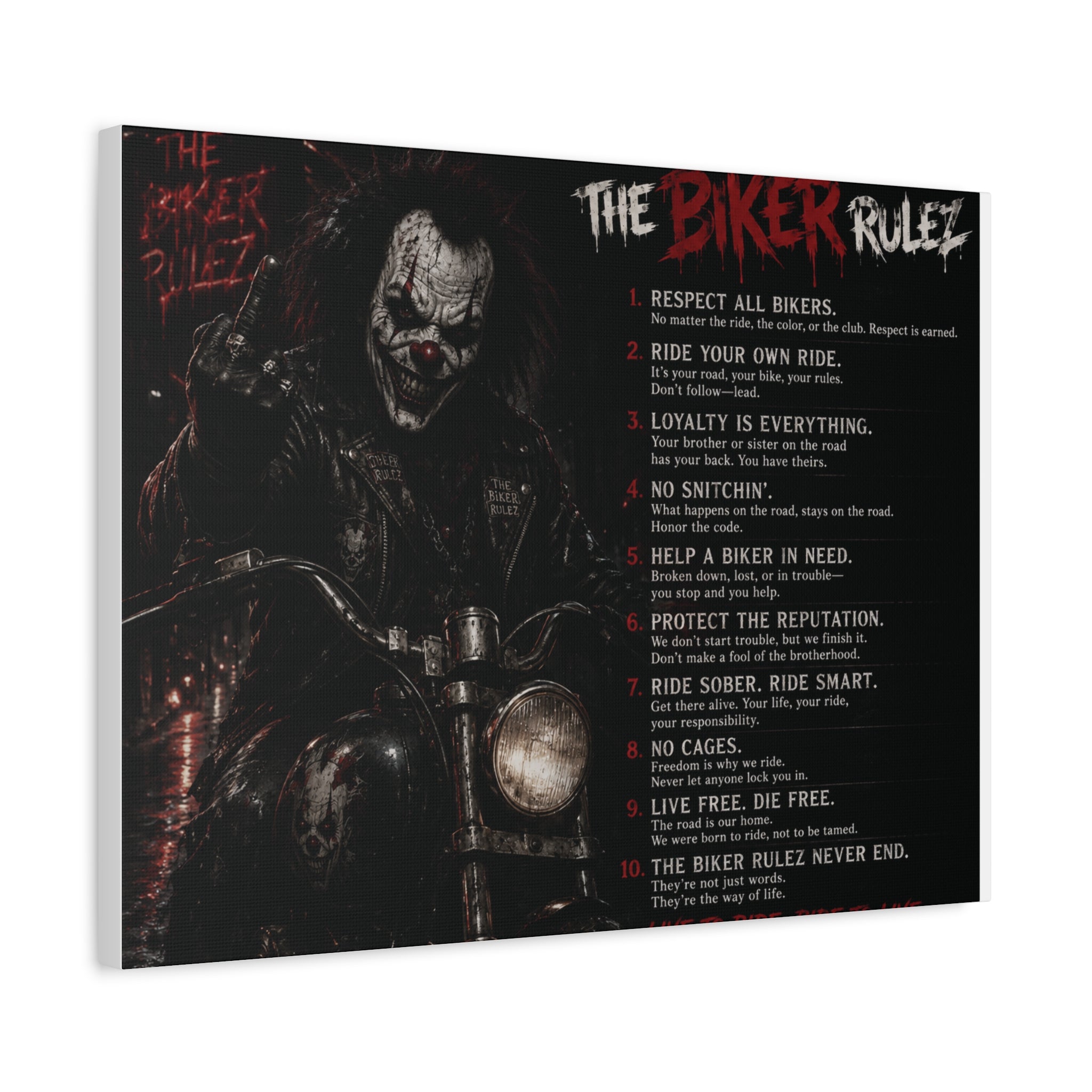 The Biker Rulez Matte Canvas Print — Gothic Motorcycle Wall Art with Rules Text
