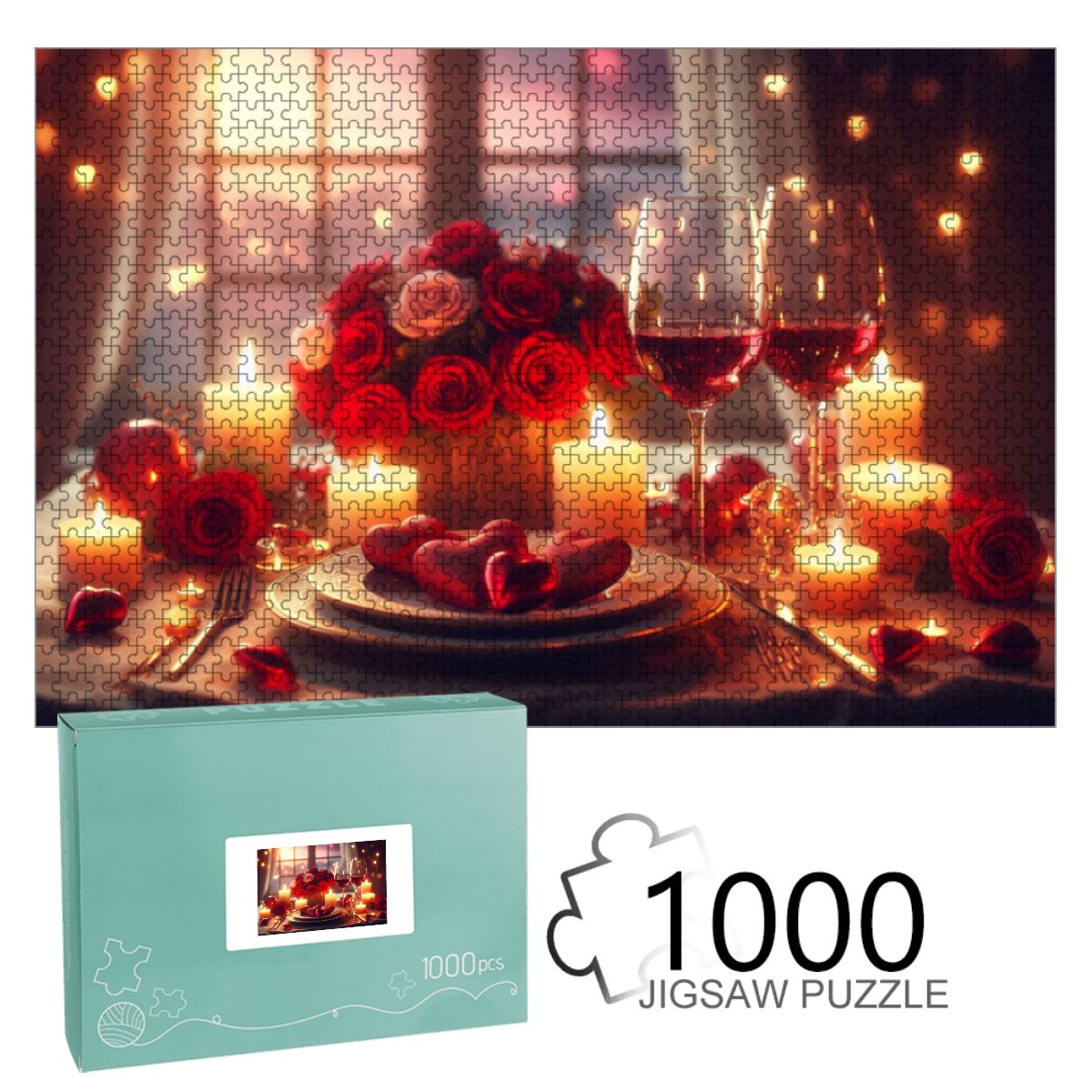 1000pcs Wooden Jigsaw Puzzles (Horizontal) (Made in USA) A romantic Valentine’s Day scene featuring a cozy candlelit dinner table set for two, adorned with r (2)