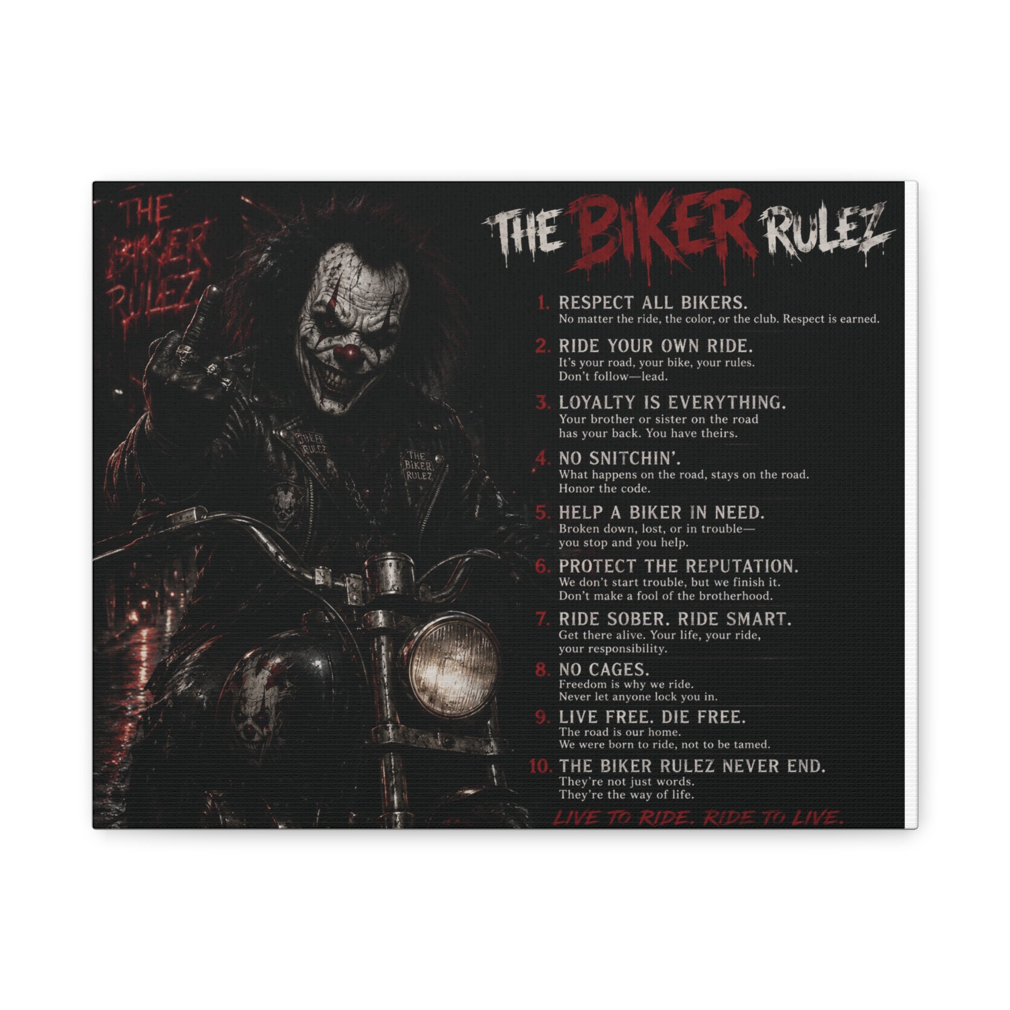 The Biker Rulez Matte Canvas Print — Gothic Motorcycle Wall Art with Rules Text