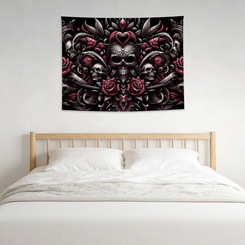 Small Horizontal Lightweight Wall Tapestry for Bedroom gothic image with hearts an skulls and roses in tribals (3)