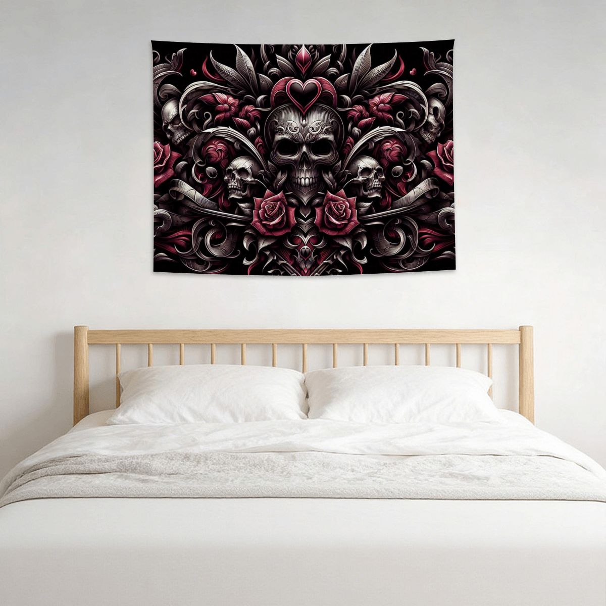 Small Horizontal Lightweight Wall Tapestry for Bedroom gothic image with hearts an skulls and roses in tribals (3)
