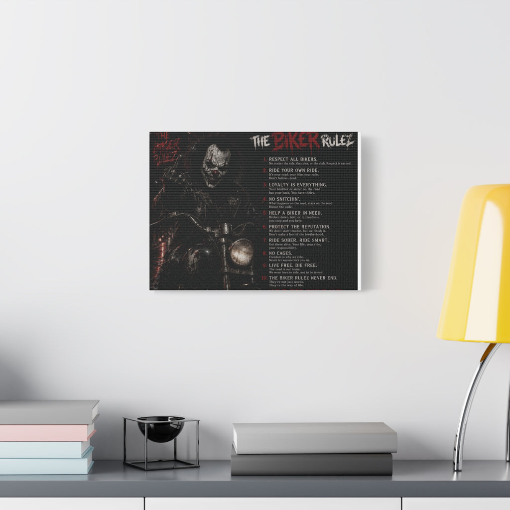 The Biker Rulez Matte Canvas Print — Gothic Motorcycle Wall Art with Rules Text