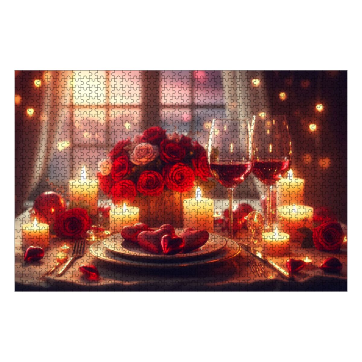 1000pcs Wooden Jigsaw Puzzles (Horizontal) (Made in USA) A romantic Valentine’s Day scene featuring a cozy candlelit dinner table set for two, adorned with r (2)