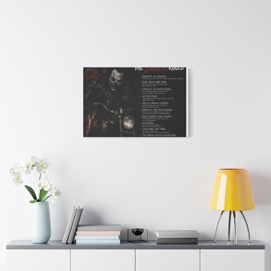 The Biker Rulez Matte Canvas Print — Gothic Motorcycle Wall Art with Rules Text