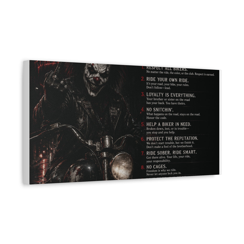 The Biker Rulez Matte Canvas Print — Gothic Motorcycle Wall Art with Rules Text