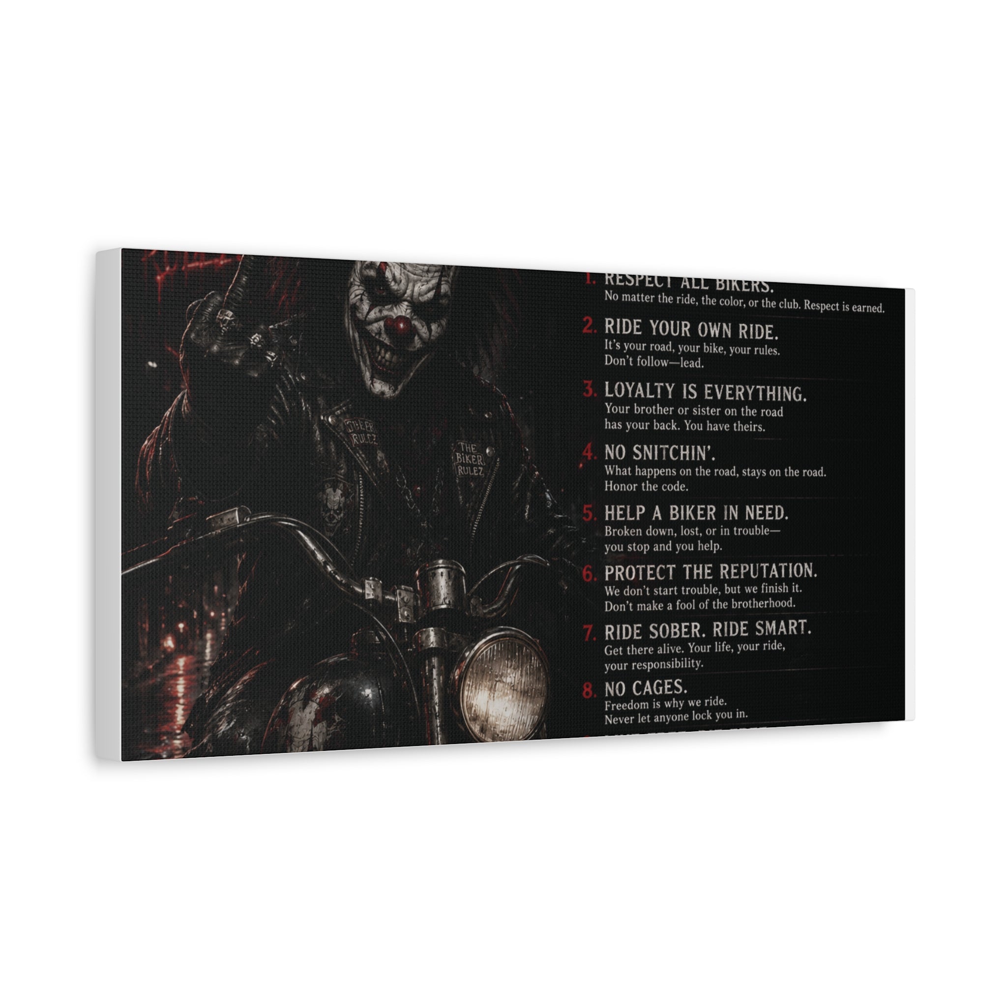 The Biker Rulez Matte Canvas Print — Gothic Motorcycle Wall Art with Rules Text