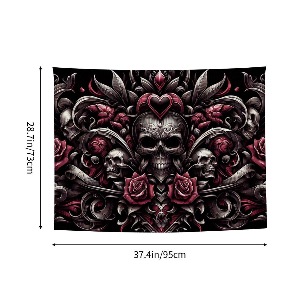 Small Horizontal Lightweight Wall Tapestry for Bedroom gothic image with hearts an skulls and roses in tribals (3)